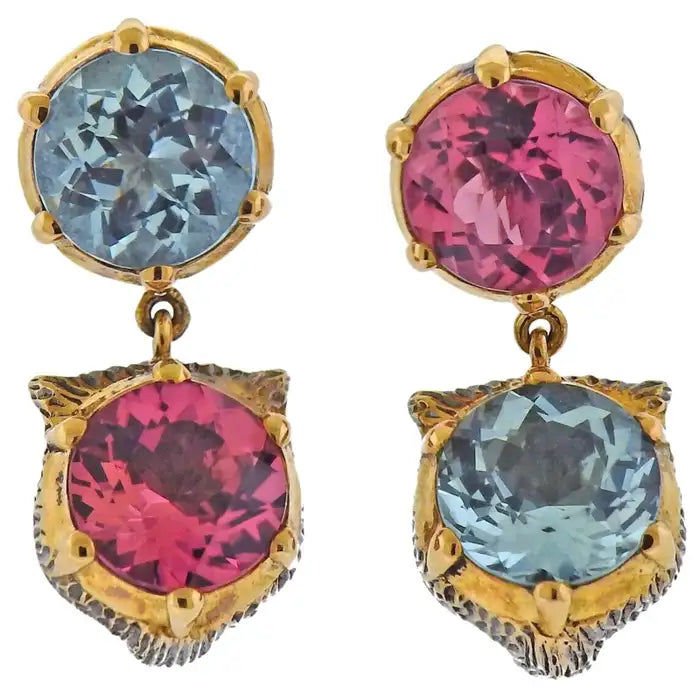 Gucci Le Marche Des Marseilles Cat Head Gold Gemstone Stud Earrings - Castafiore