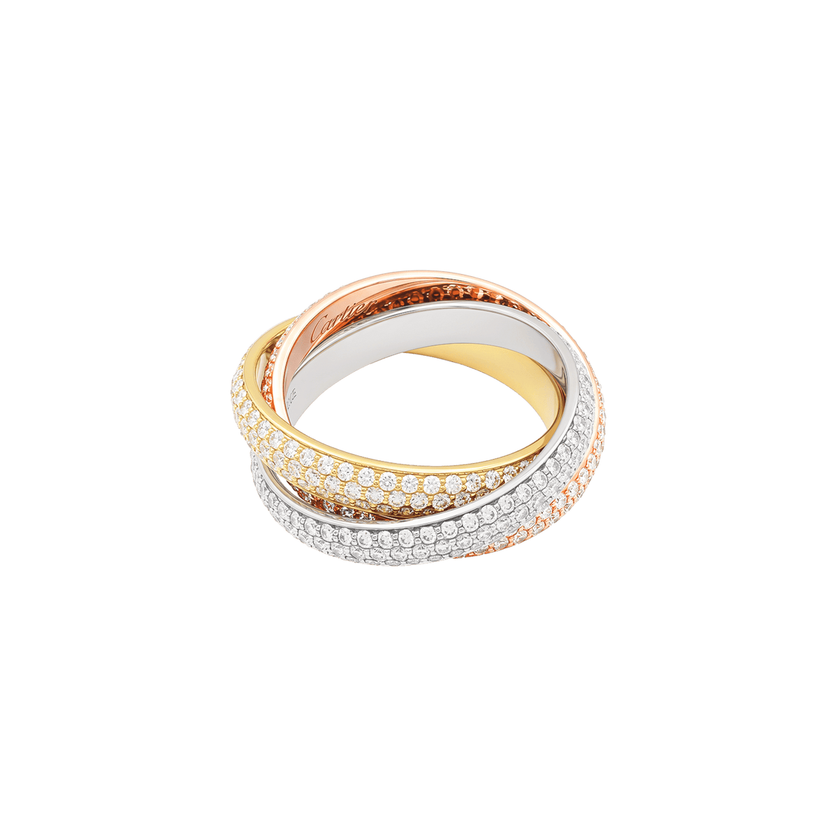 Bague Cartier, « Trinity », trois anneaux trois tons d’or et diamants.