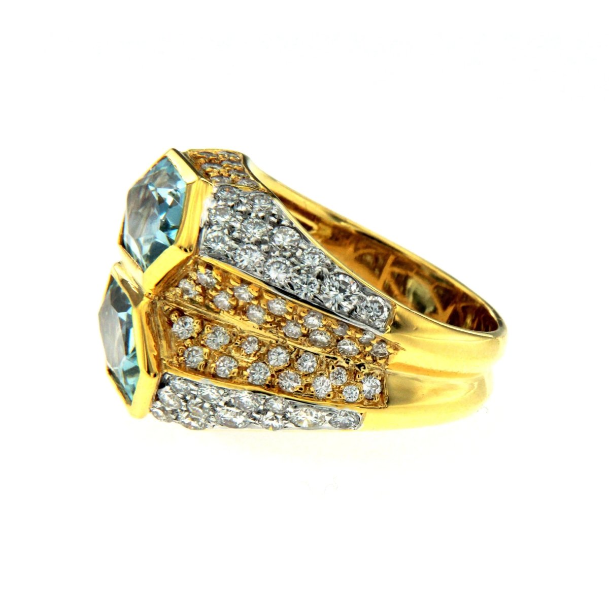 Iconic Bulgari Aquamarine Diamond Two - Color Gold Double Ring - Castafiore