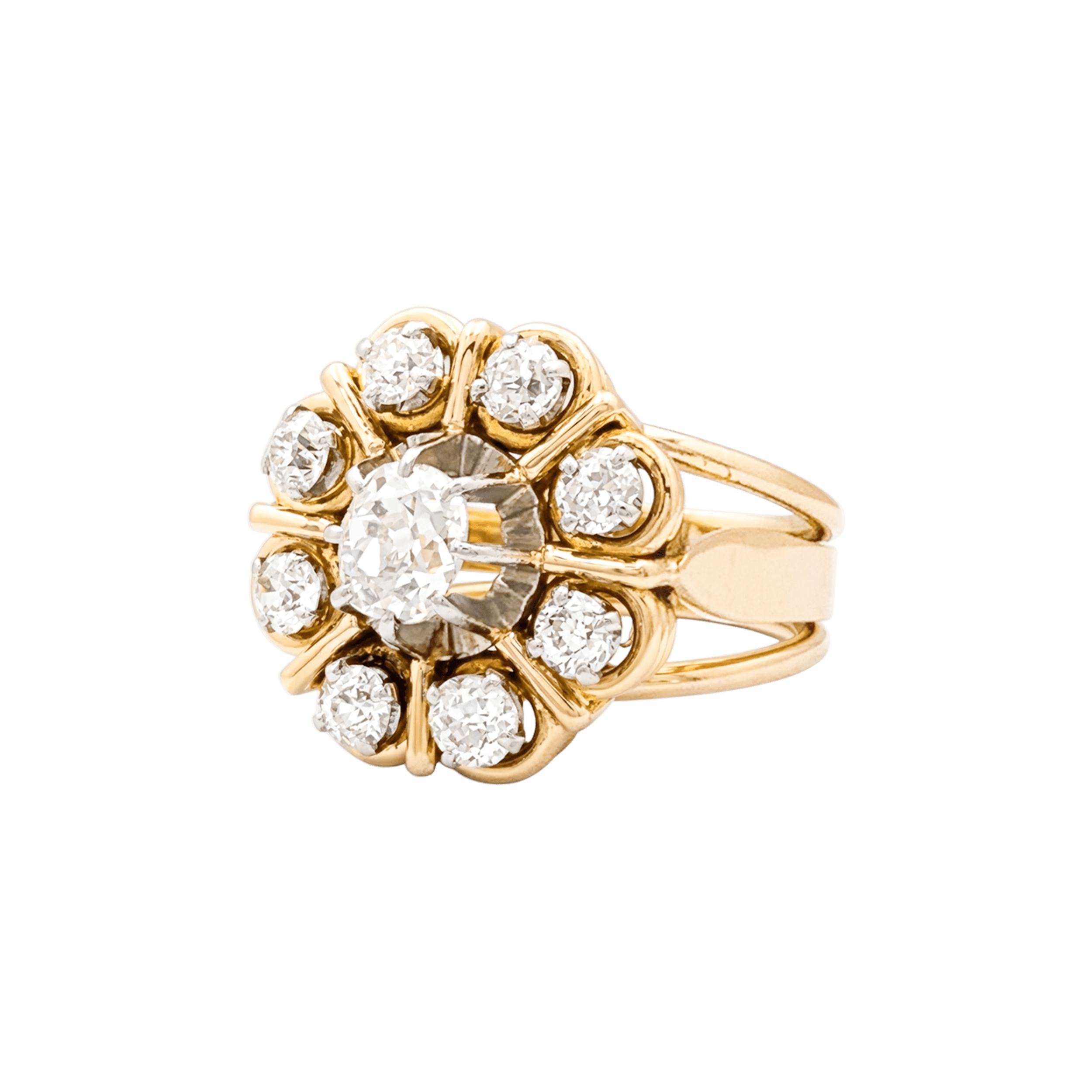 Bague « Marguerite », deux ors, diamants taille ancienne.