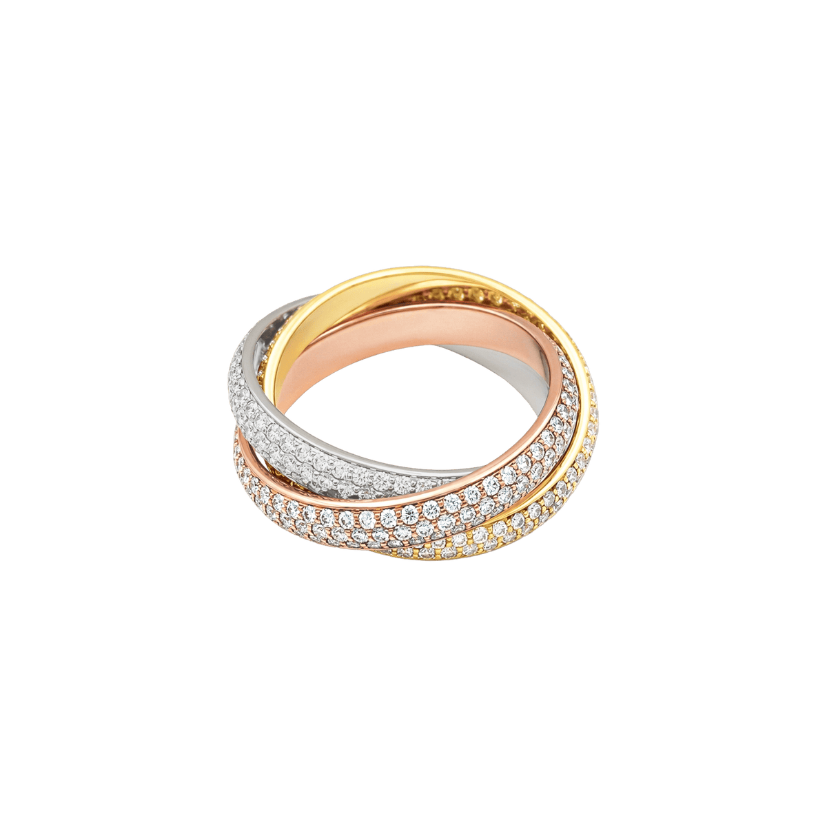 Bague Cartier, « Trinity », trois anneaux trois tons d’or et diamants.