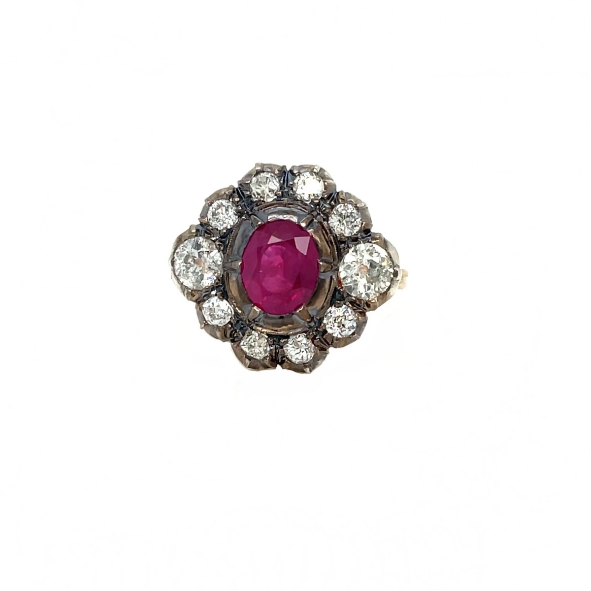 Late 19th century 2.05 Carat Ruby Diamond Gold Cluster Ring - Castafiore
