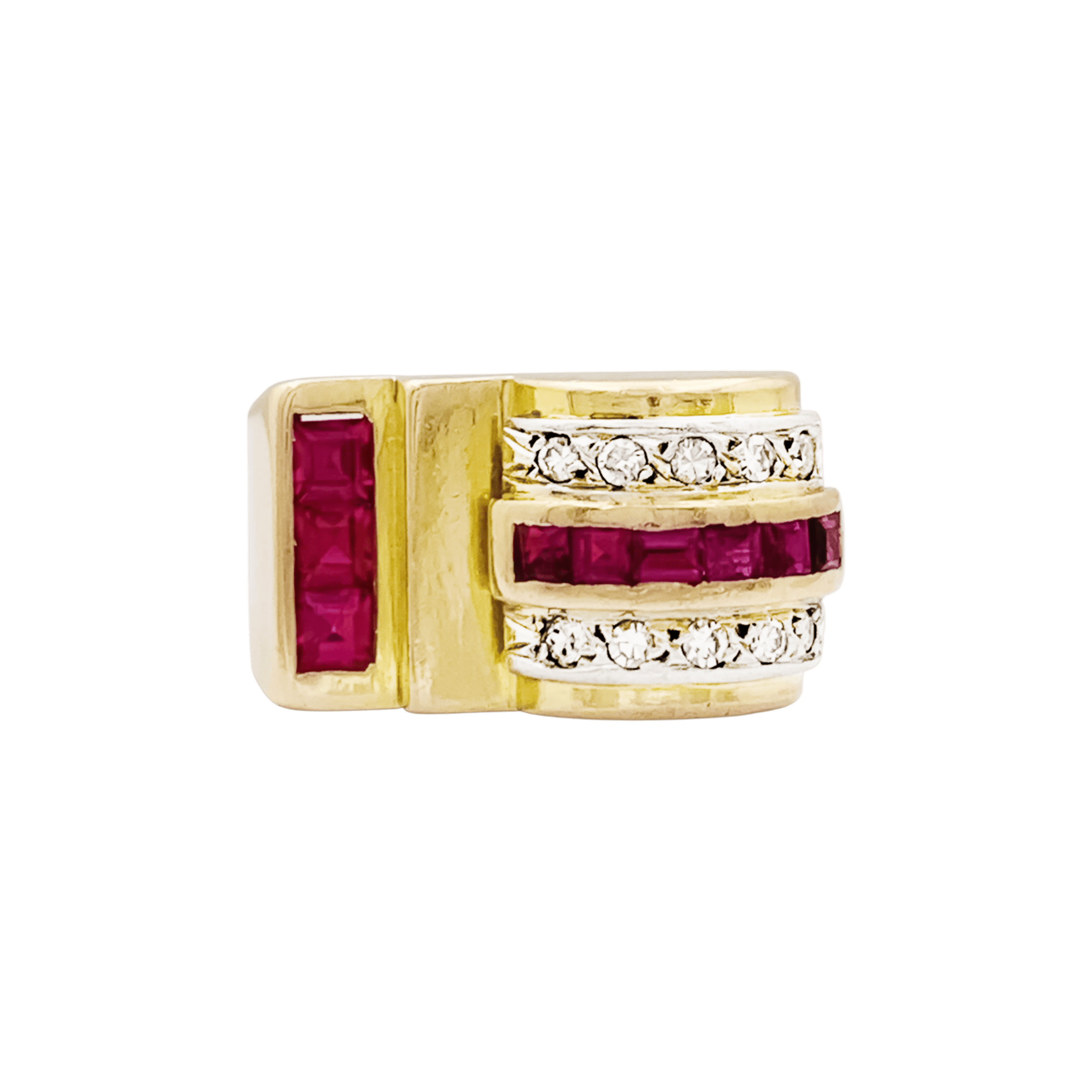 Bague "Tank" en or jaune, rubis synthétiques et diamants.