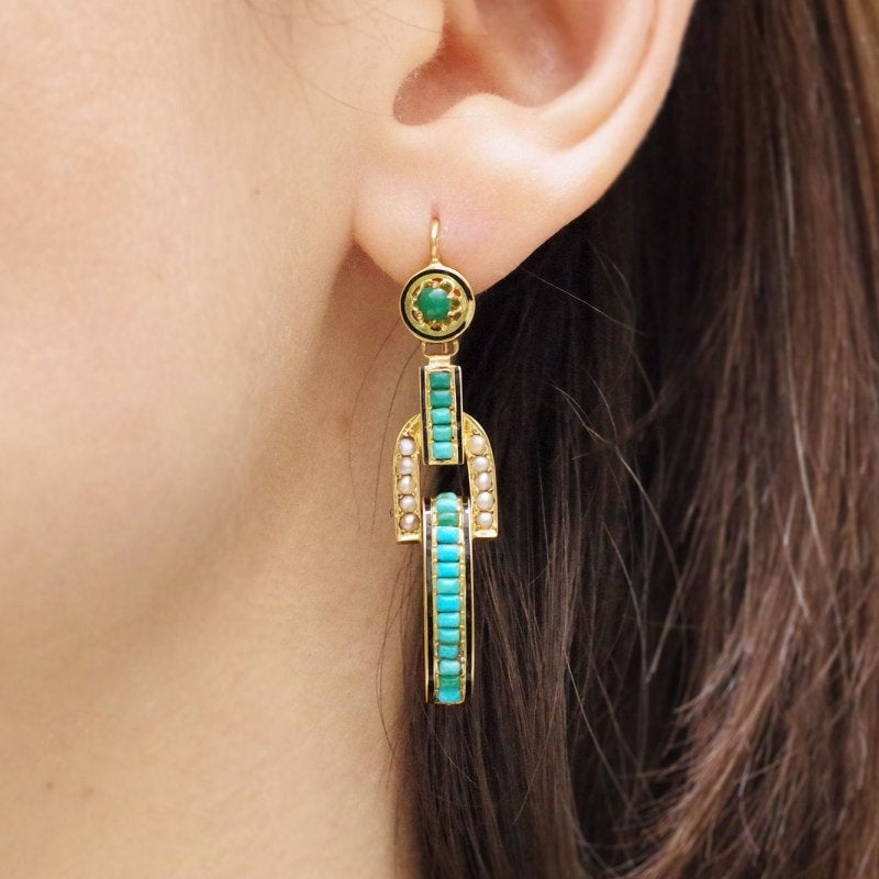 Longues boucles d’oreille turquoises en or - Castafiore