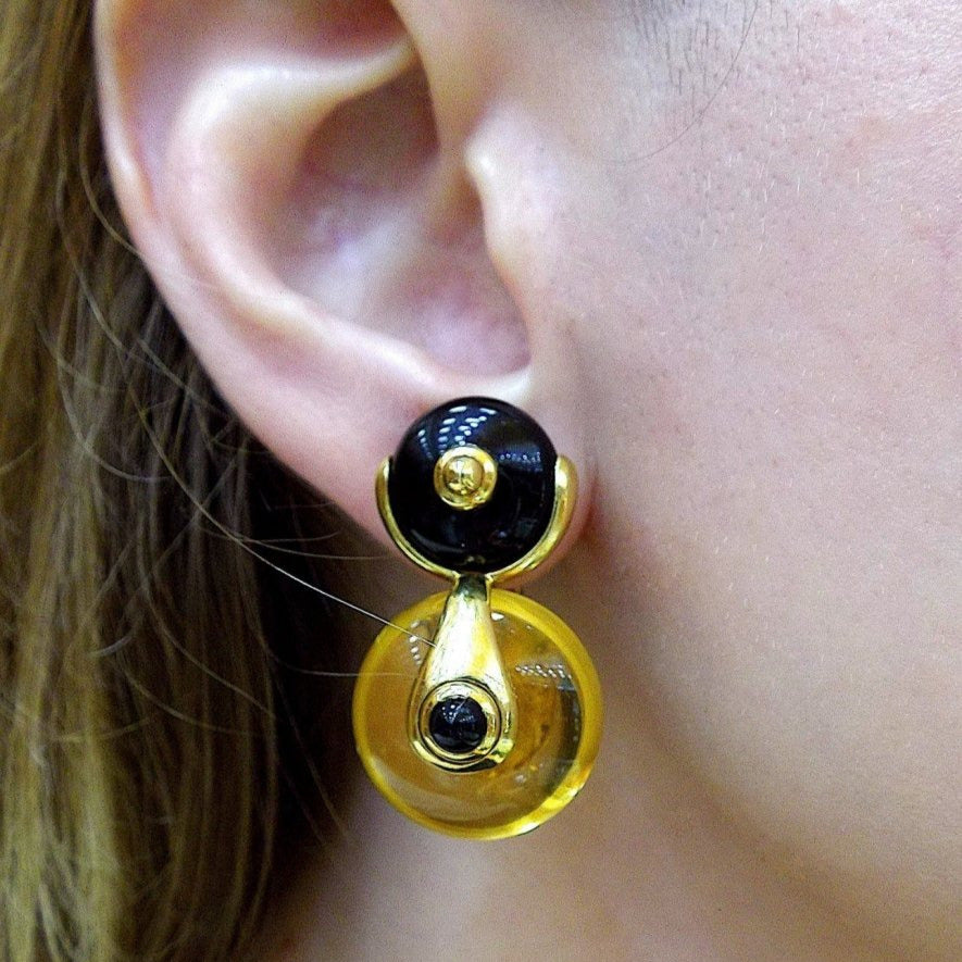 Marina B Cardan Gold Drop Earrings Russian Quartz & Onyx - Castafiore