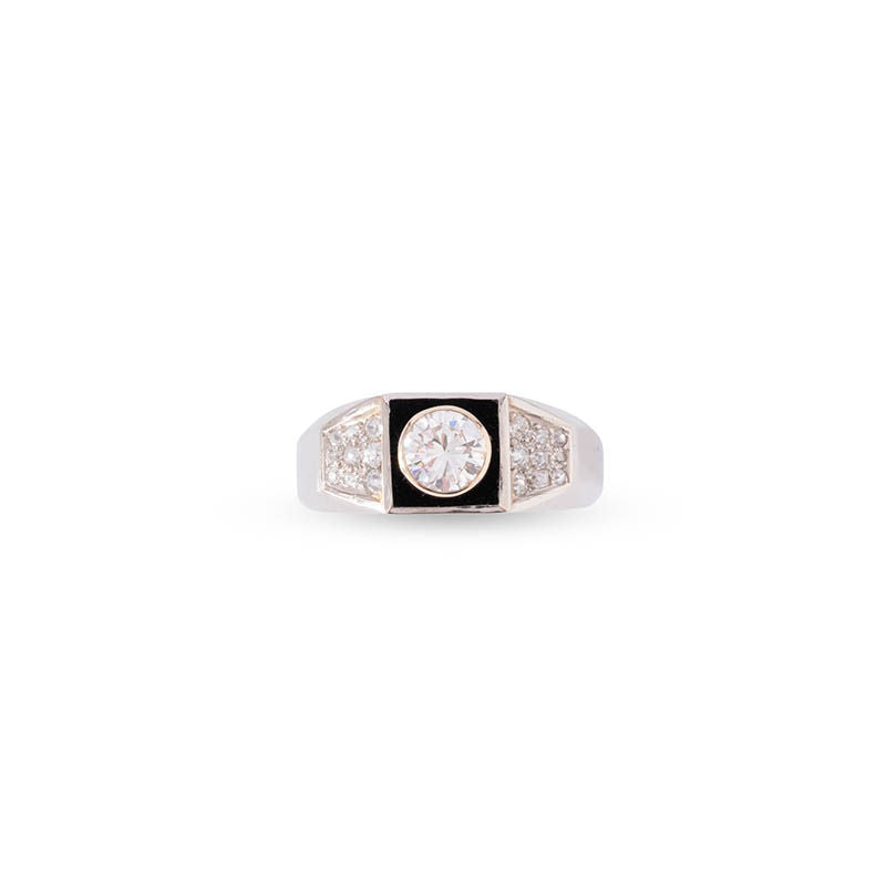 Bague Jonc MELLERIO en or blanc et platine, onyx et diamants