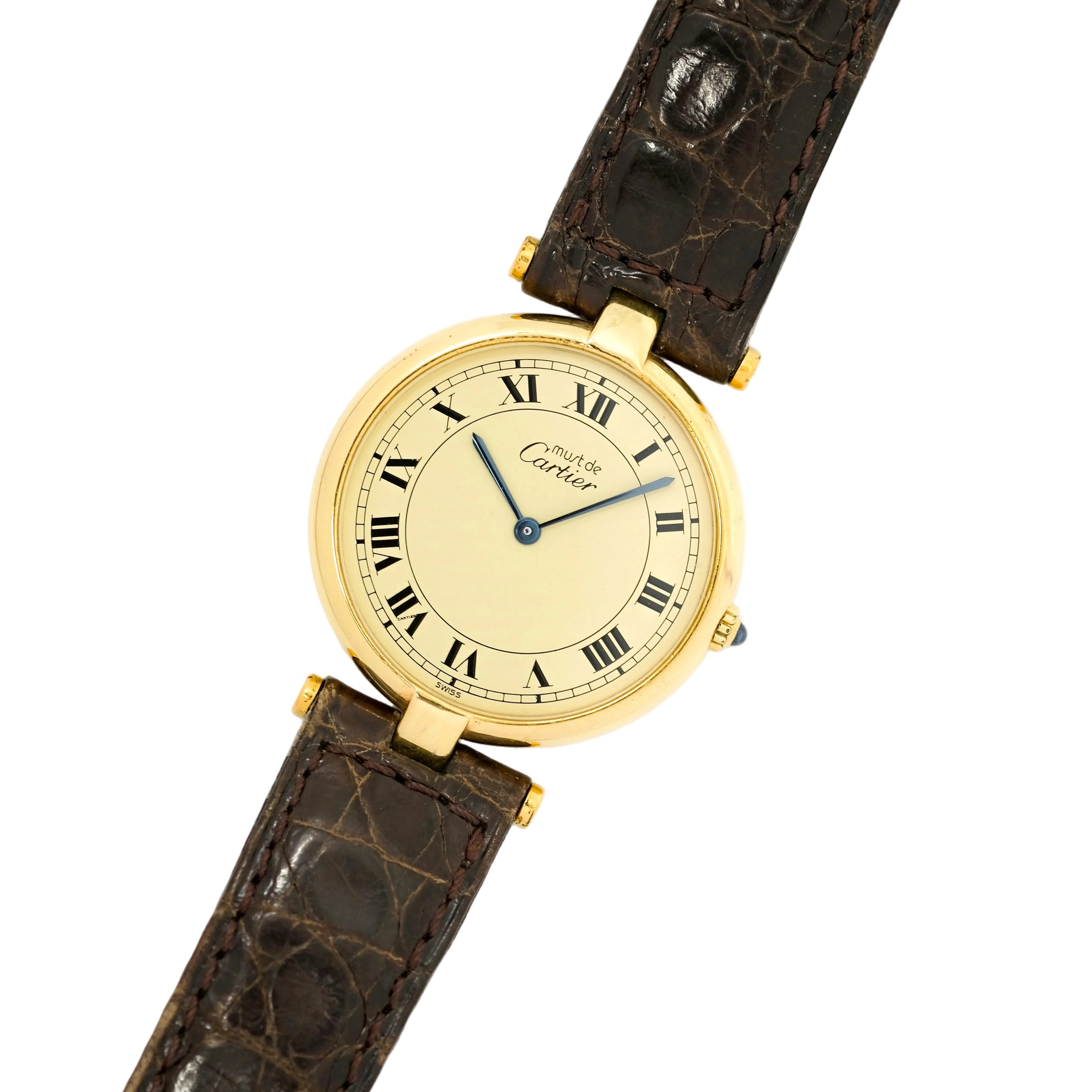 Montre CARTIER Vendôme Must grand modèle en plaqué or et saphir