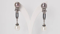 Pair of white gold cognac diamond and pearl earrings 