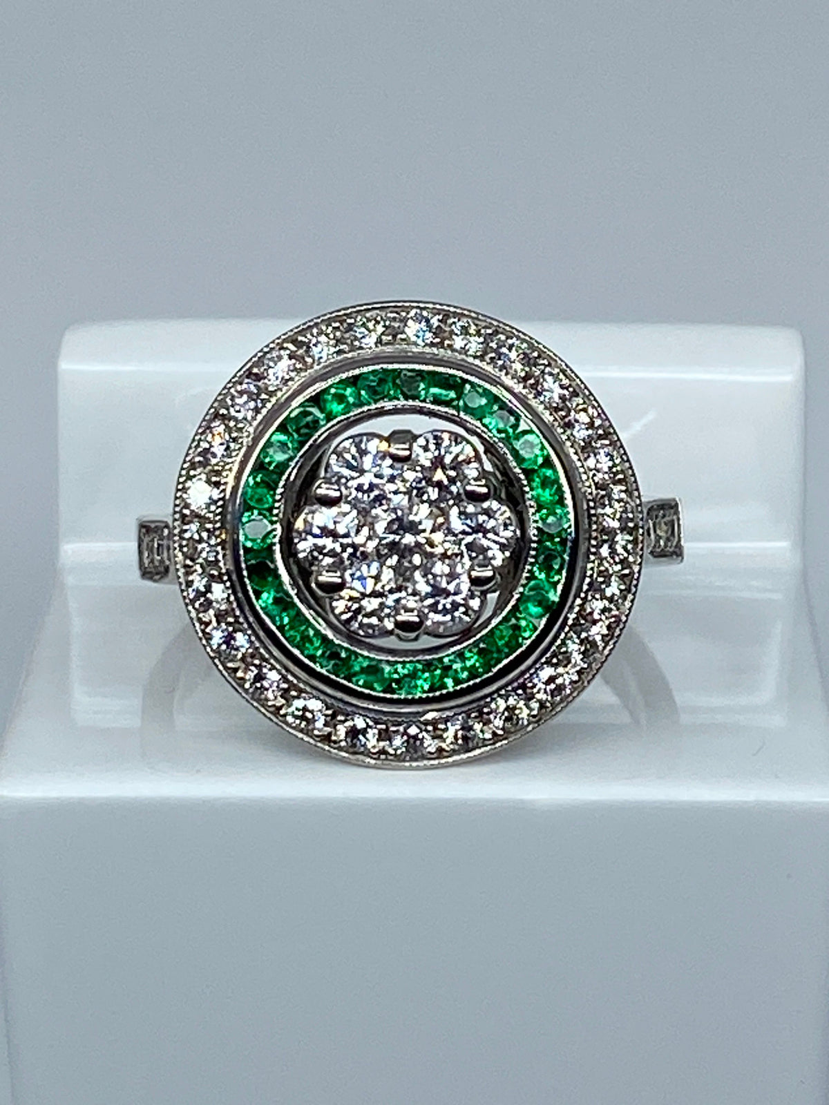 Round 18k gold emerald and diamond ART DECO style ring