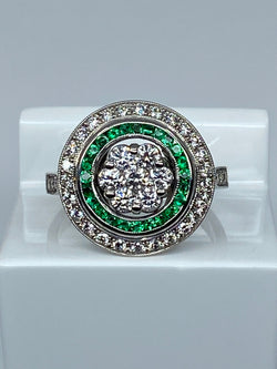 Round 18k gold emerald and diamond ART DECO style ring