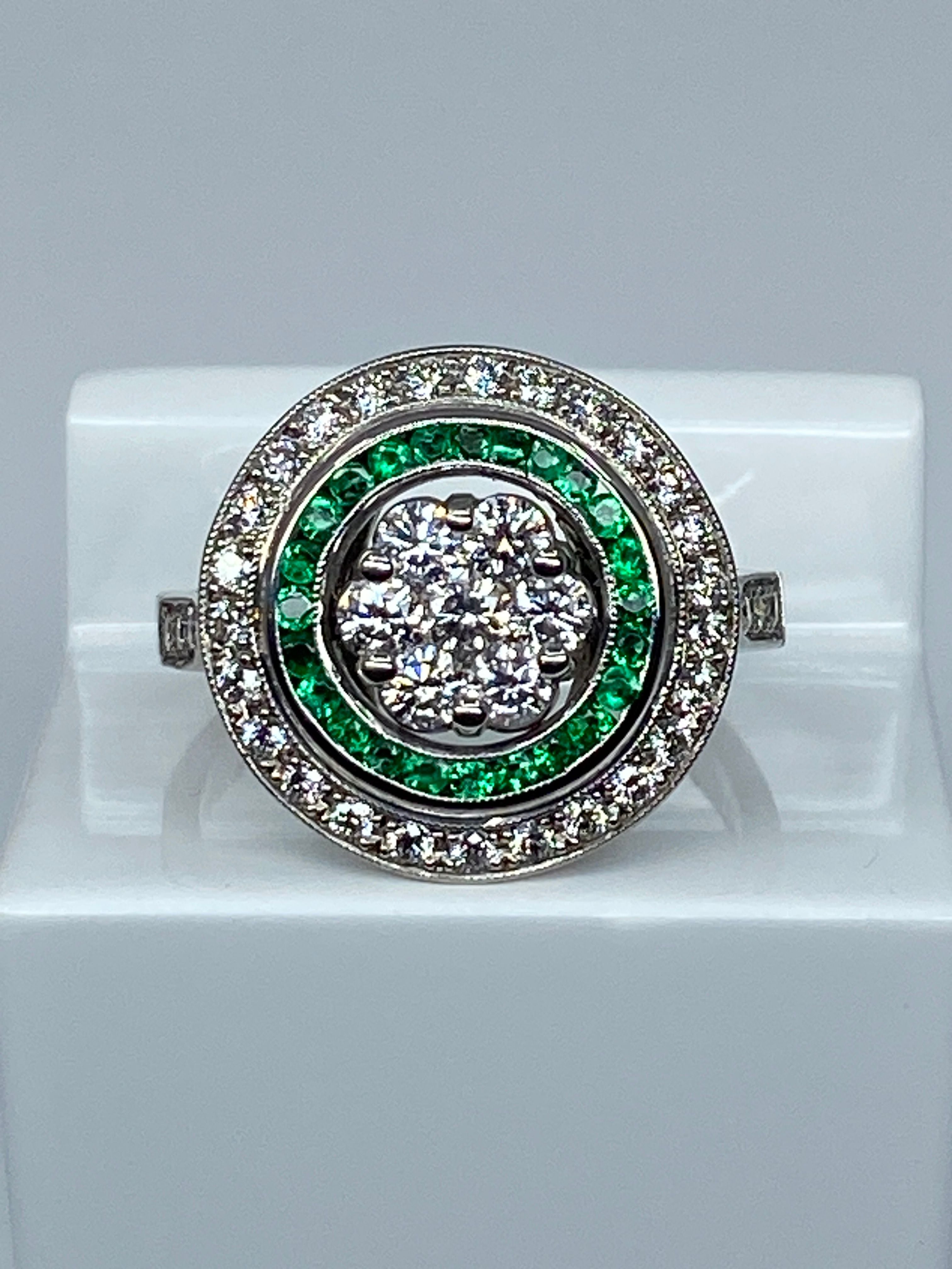 Round 18k gold emerald and diamond ART DECO style ring