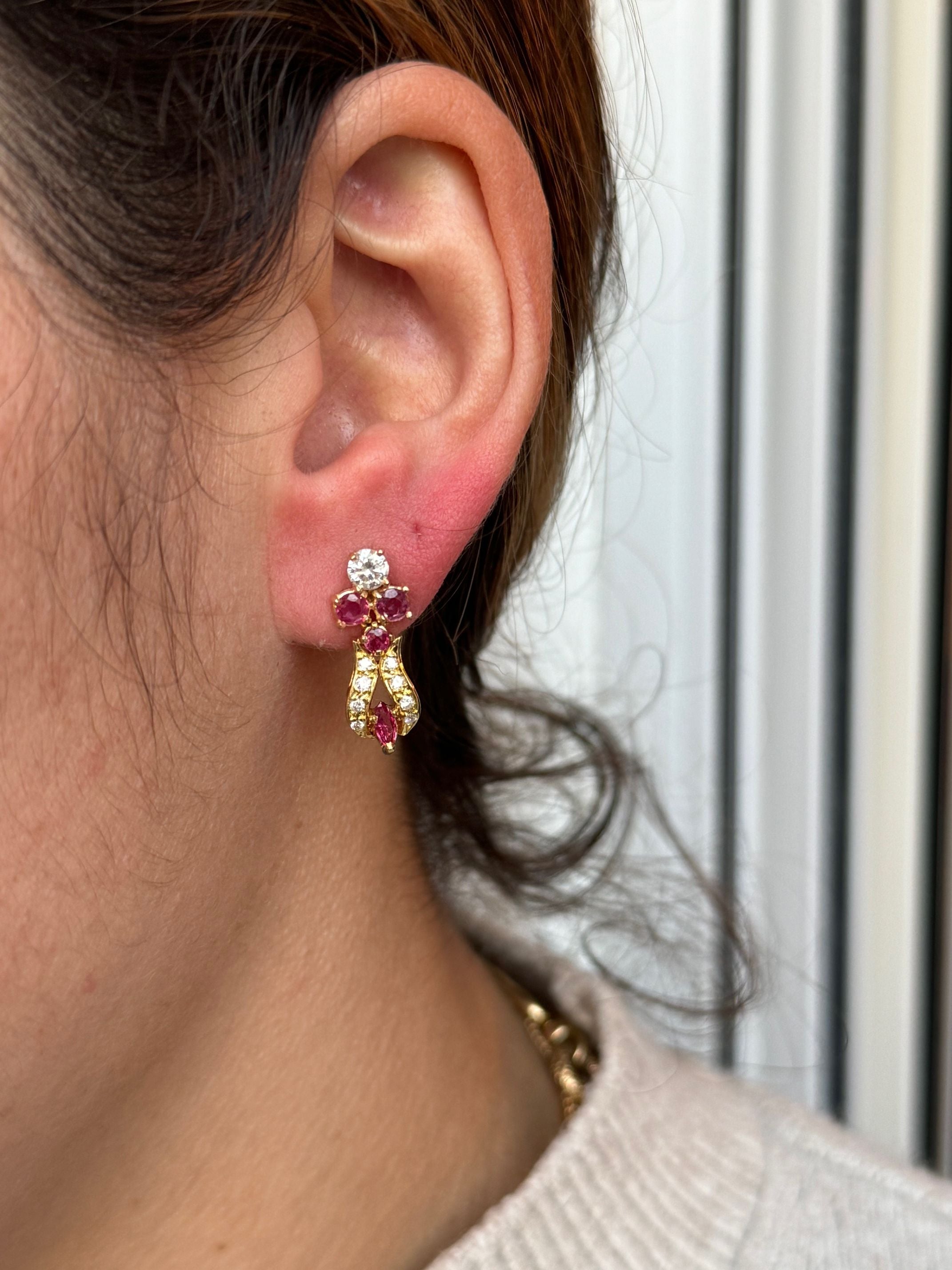 A Pair Of Gold, Ruby And White Earrings diamonds