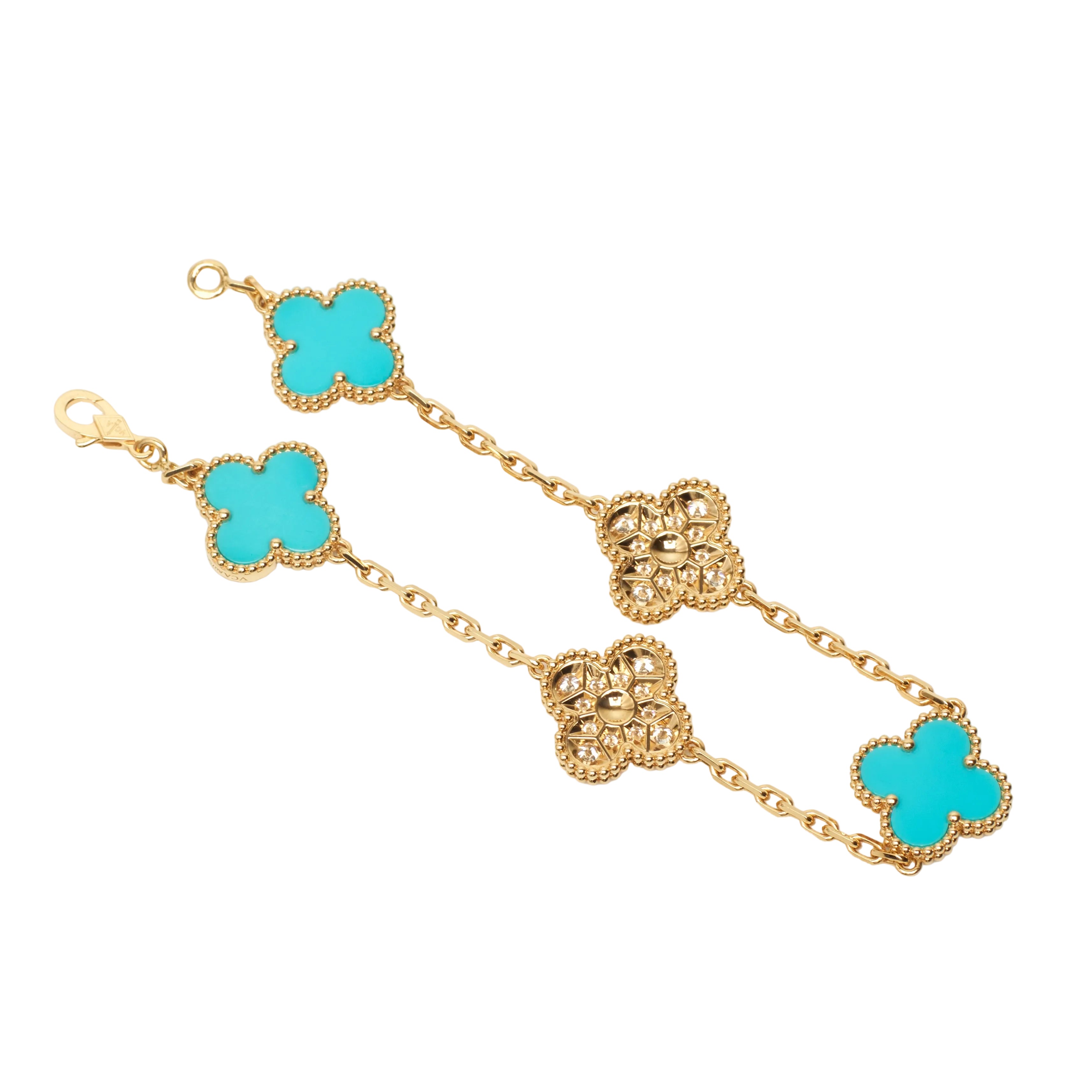 Bracelet Breloque VAN CLEEF & ARPELS Alhambra en or jaune, turquoises et diamants