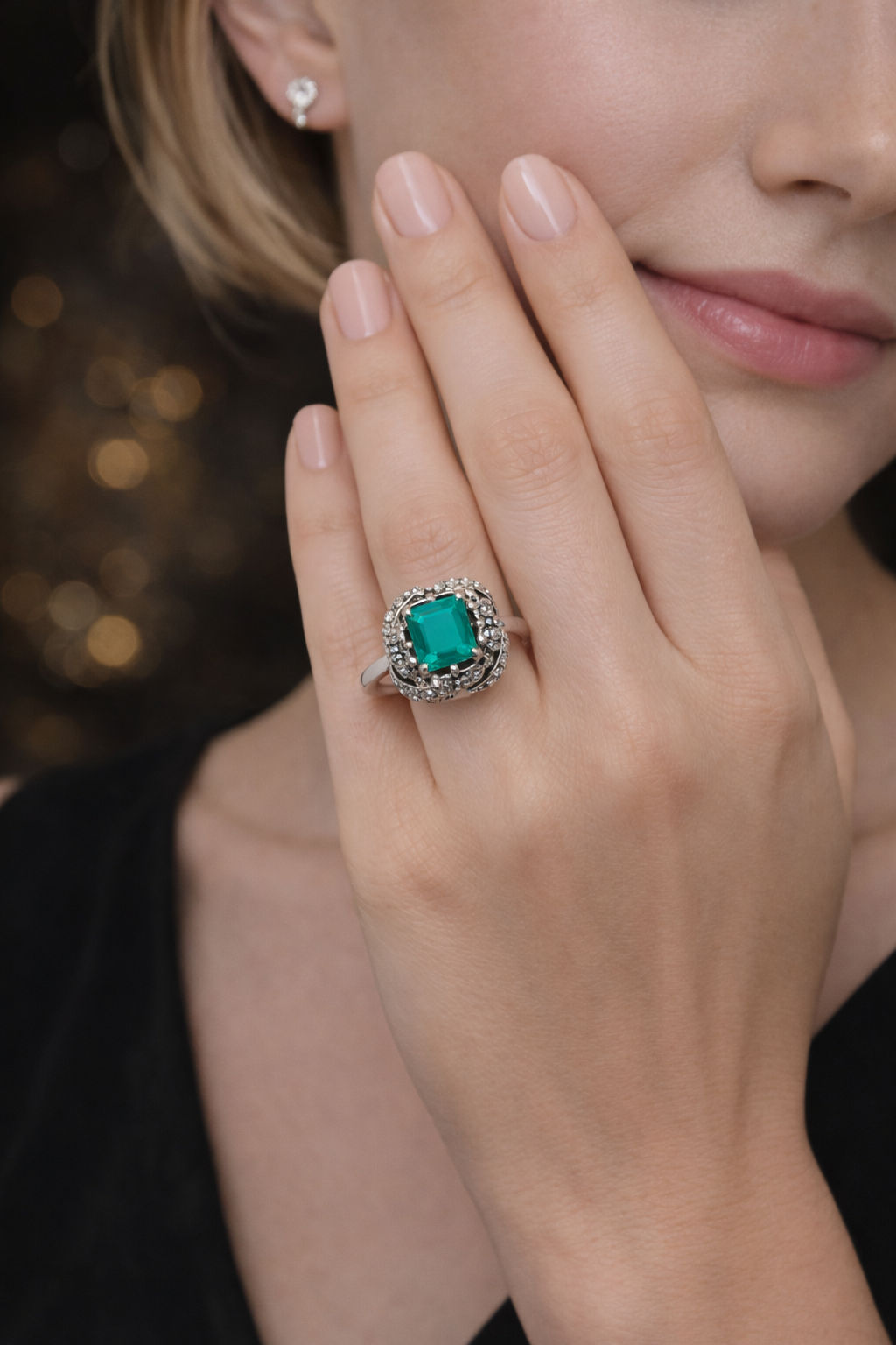 Ring in white gold, emerald, and diamond