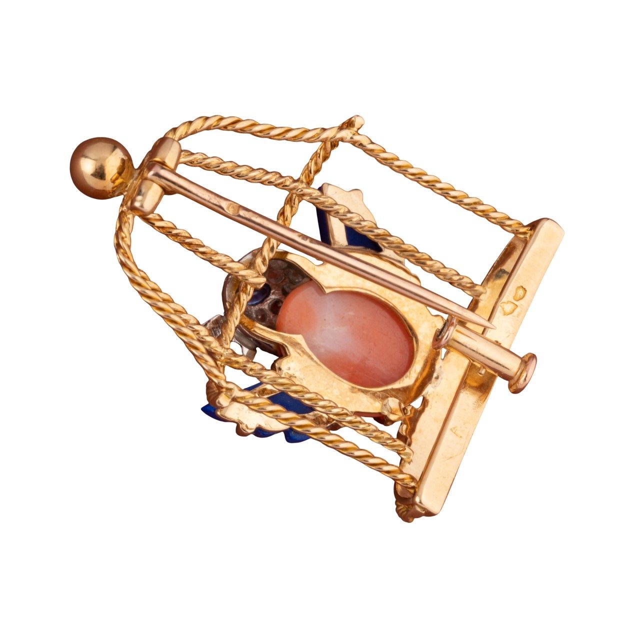 "Free bird” pin brooch in yellow gold, platinum, coral, lapis lazuli, sapphire and diamonds