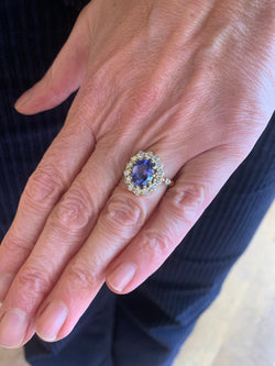 Bague Pompadour Saphir Ceylan Non Chauffé 3.55 Carats Diamants Or Jaune 18 Carats (Certificat)