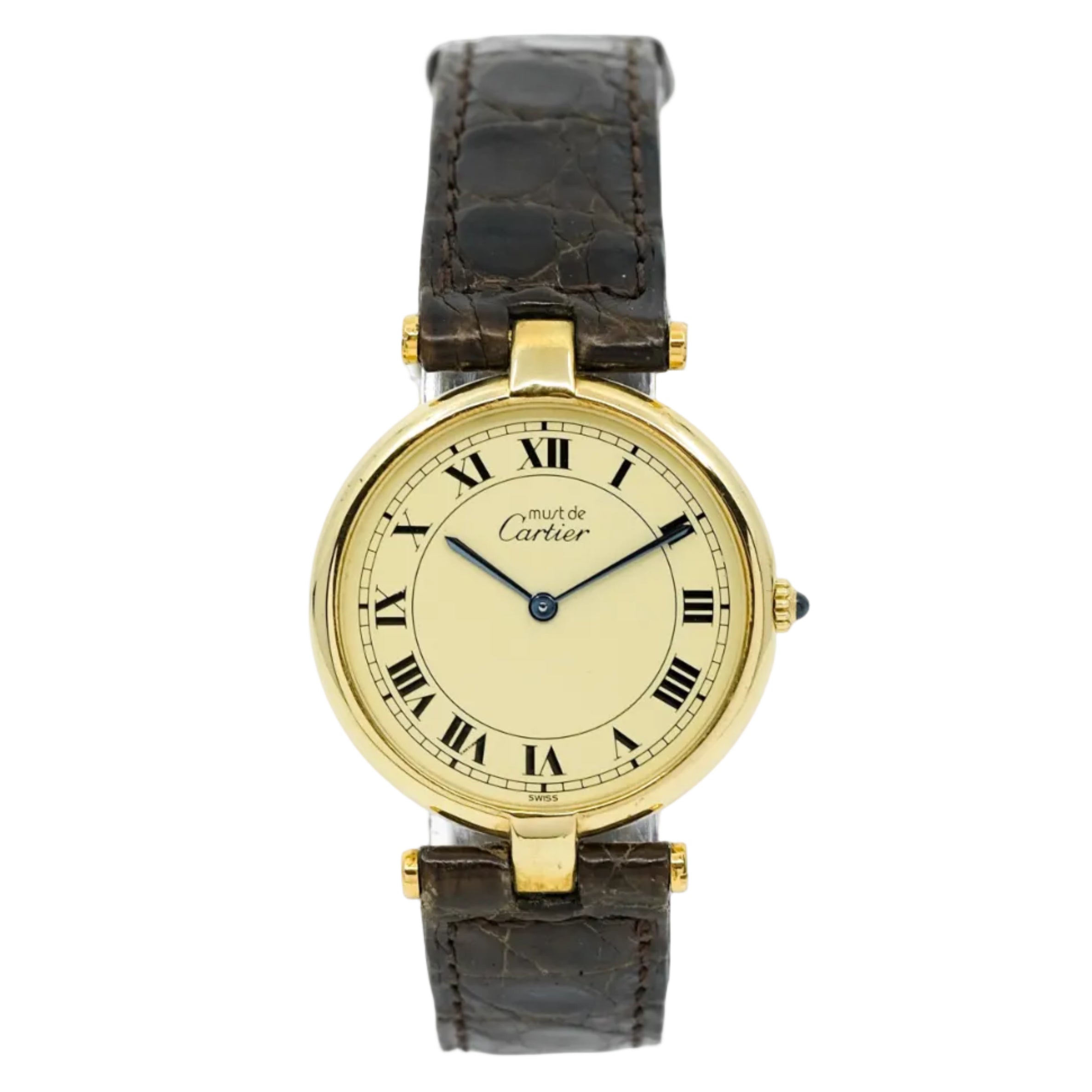 Montre CARTIER Vendôme Must grand modèle en plaqué or et saphir