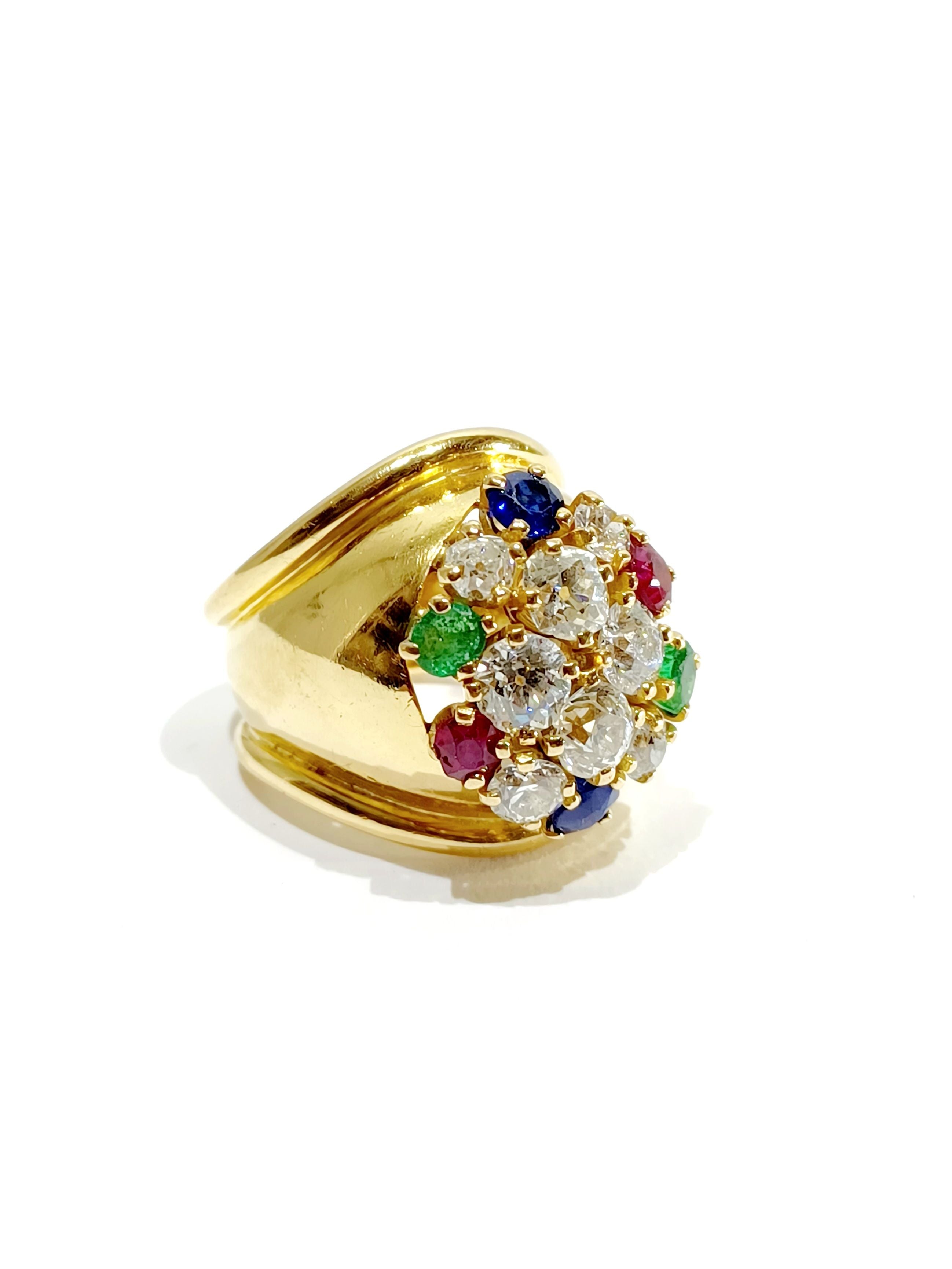 Bague En Or, Rubis, Diamants, Saphirs Et Emeraudes