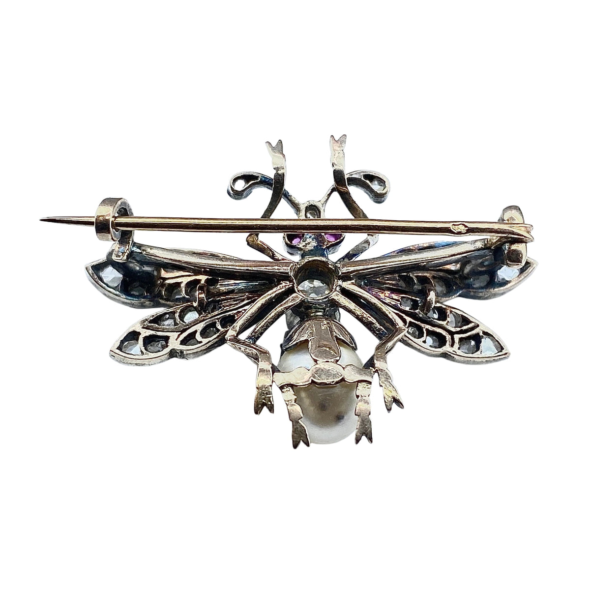 Broche mouche en or 18 carats et argent en diamants et perles fines vers 1850
