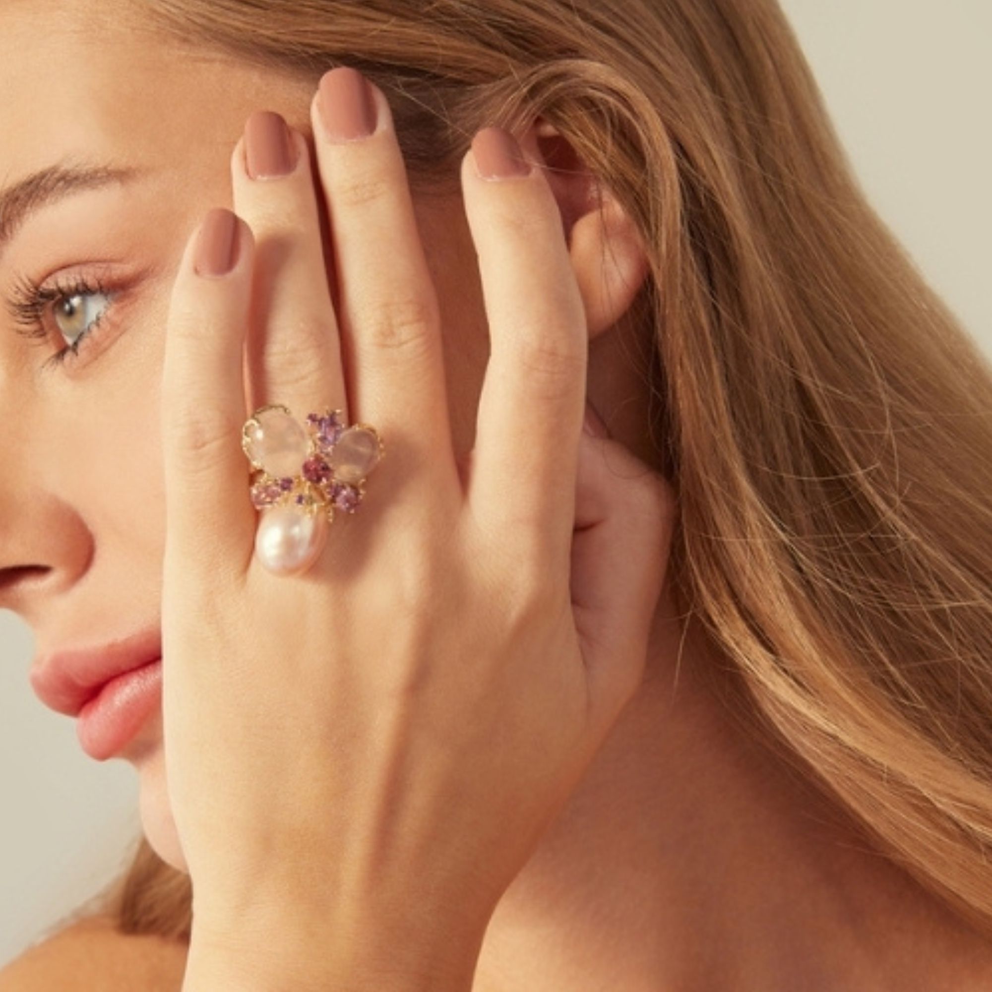 Bague Romance Divine en or jaune 18 carats, perle et quartz rose – EU54