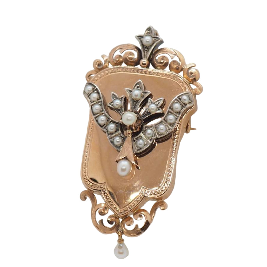 Broche pendentif Napoléon III en or rose, ornée de perles