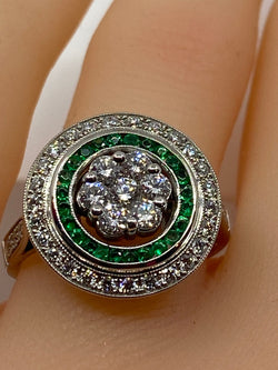 Round 18k gold emerald and diamond ART DECO style ring