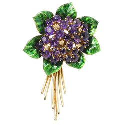 Broche En Or Jaune, Améthystes Et Email
