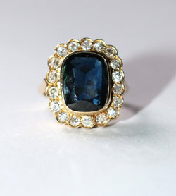 Bague Vintage Or Jaune Saphir Bleu Intense