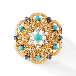 Broche turquoises saphirs et diamants époque 1950