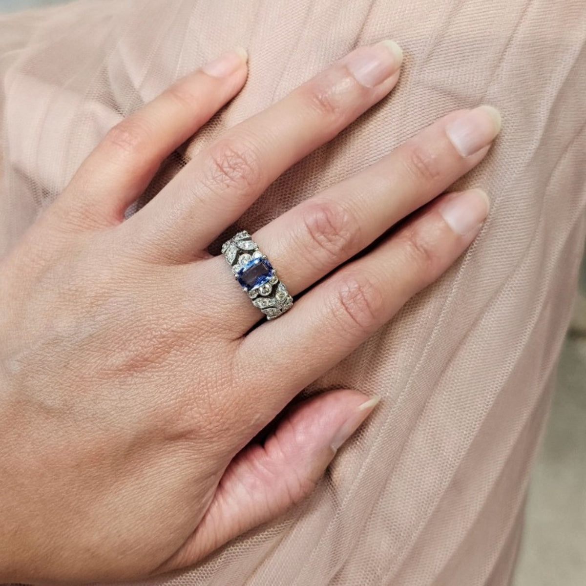 Bague en platine 850, diamants et saphir bleu naturels - Taille EU51