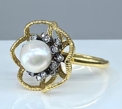 Bague en or jaune 18 carats et argent,perle fine et diamants