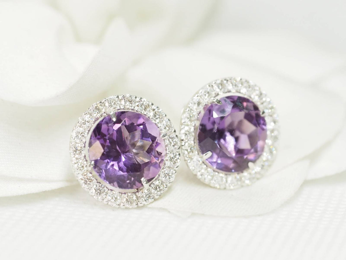 Flea earrings in white gold, round Amethysts and Diamonds