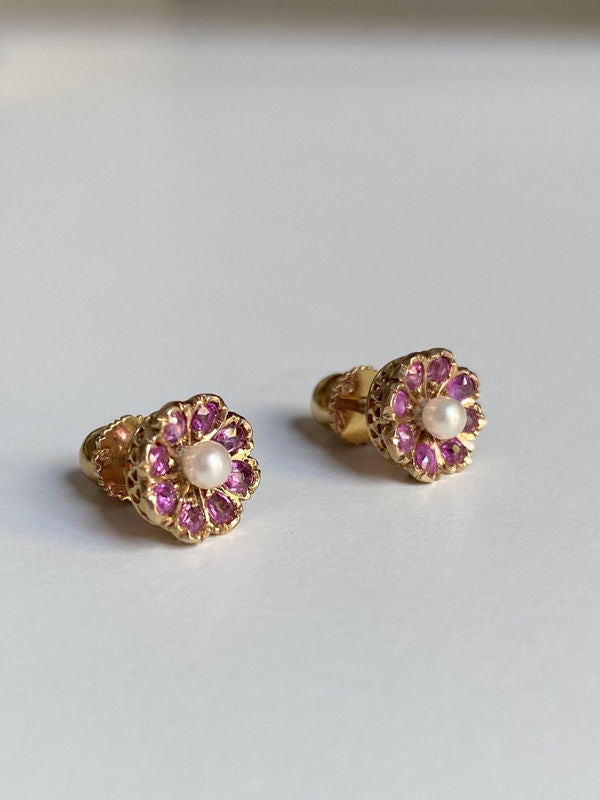 Earrings Fleas in yellow gold, ruby and pearl