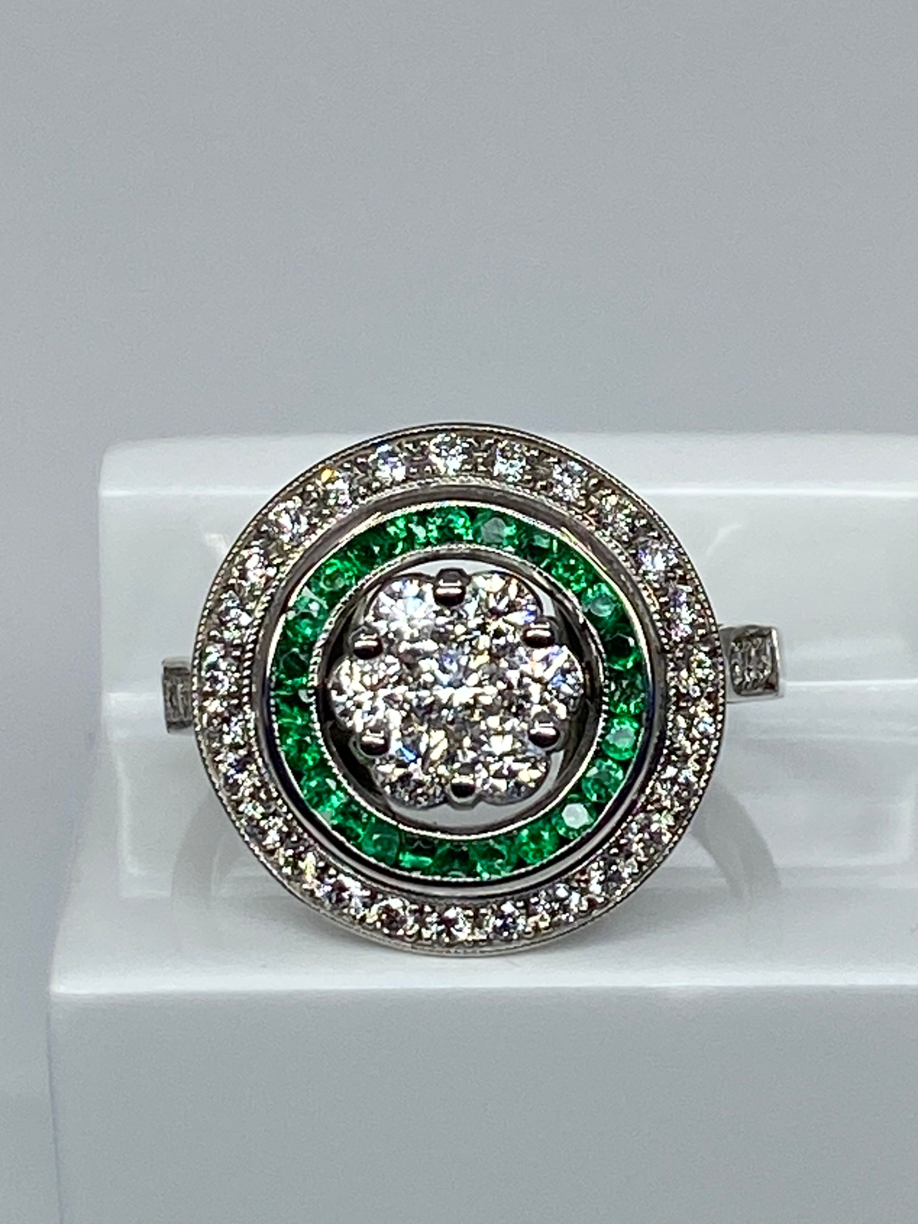 Round 18k gold emerald and diamond ART DECO style ring