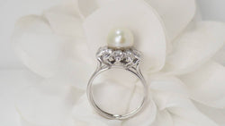 White gold, cultured pearl and diamond ring 