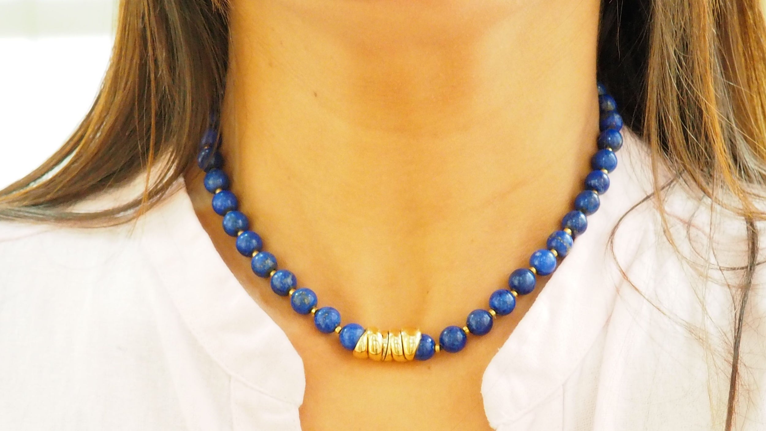 Collier De Perles de Lapis Lazuli Et Fermoir En Or