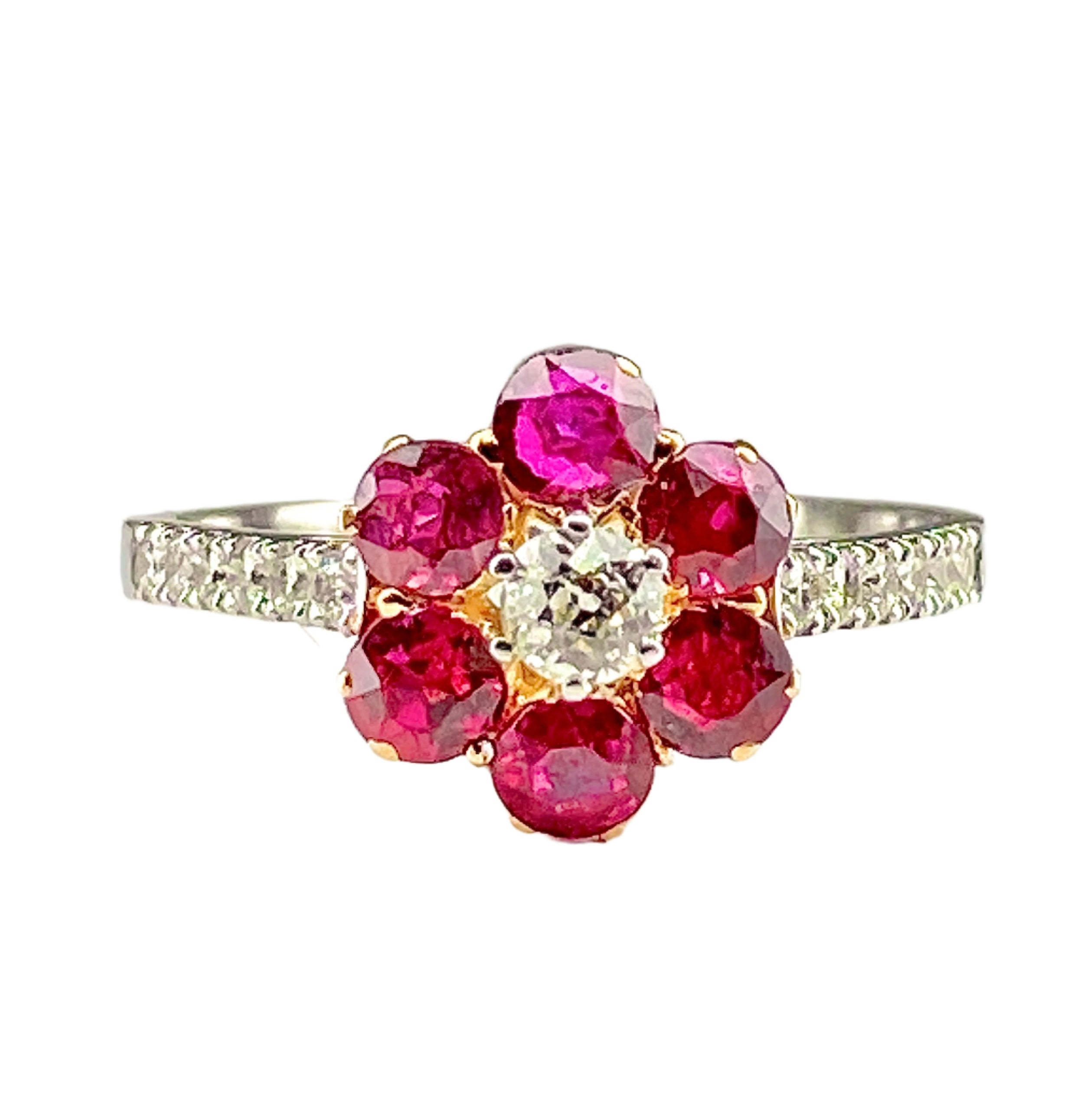 Bague marguerite en or 18 carats en rubis et diamants