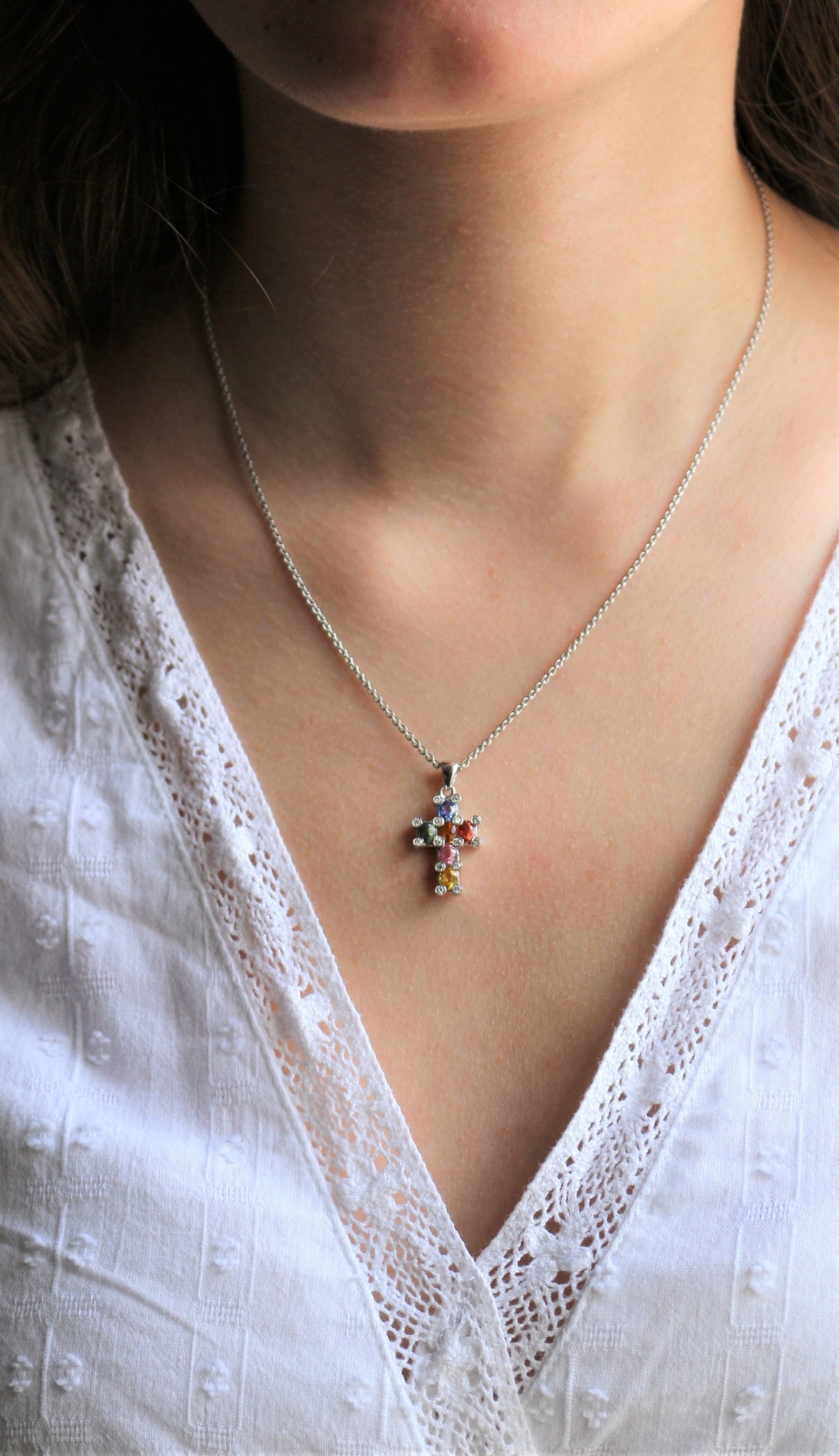 White Gold Sapphire Cross Necklace