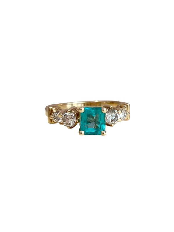 Bague vintage en or 14k sertie d'une émeraude et de diamants