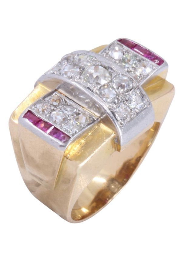 Bague tank rubis et diamants en or jaune et platine