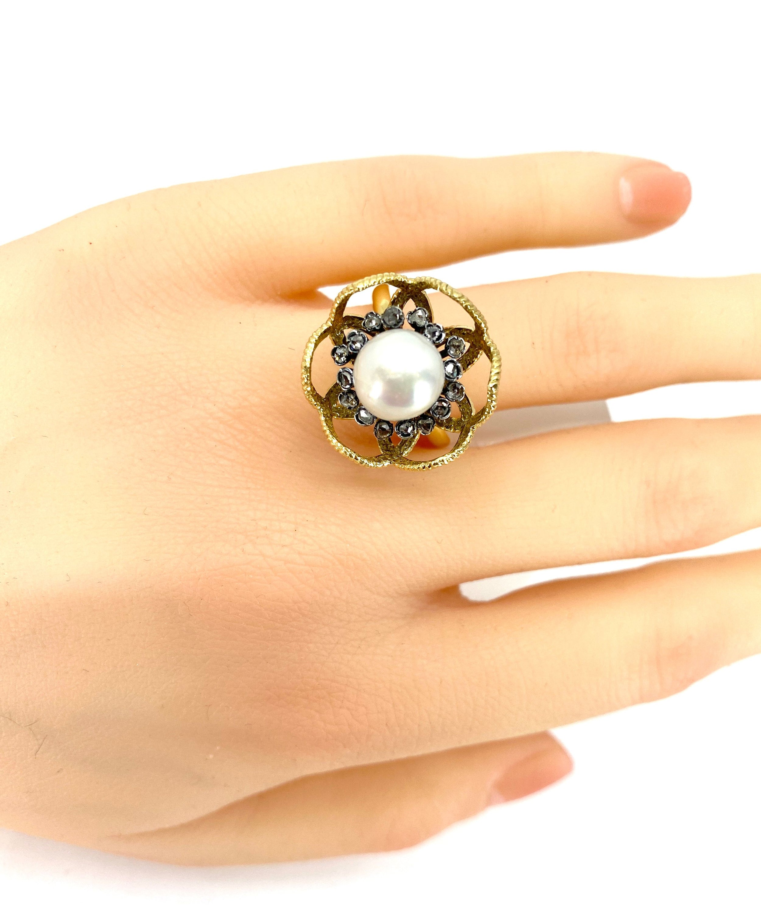 Bague en or jaune 18 carats et argent,perle fine et diamants