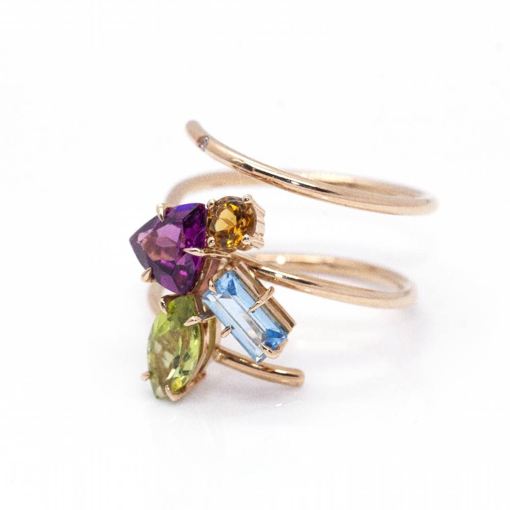 Cocktail Ring in Rose gold, Peridot, Topaz, Garnet, Tourmaline and Diamond