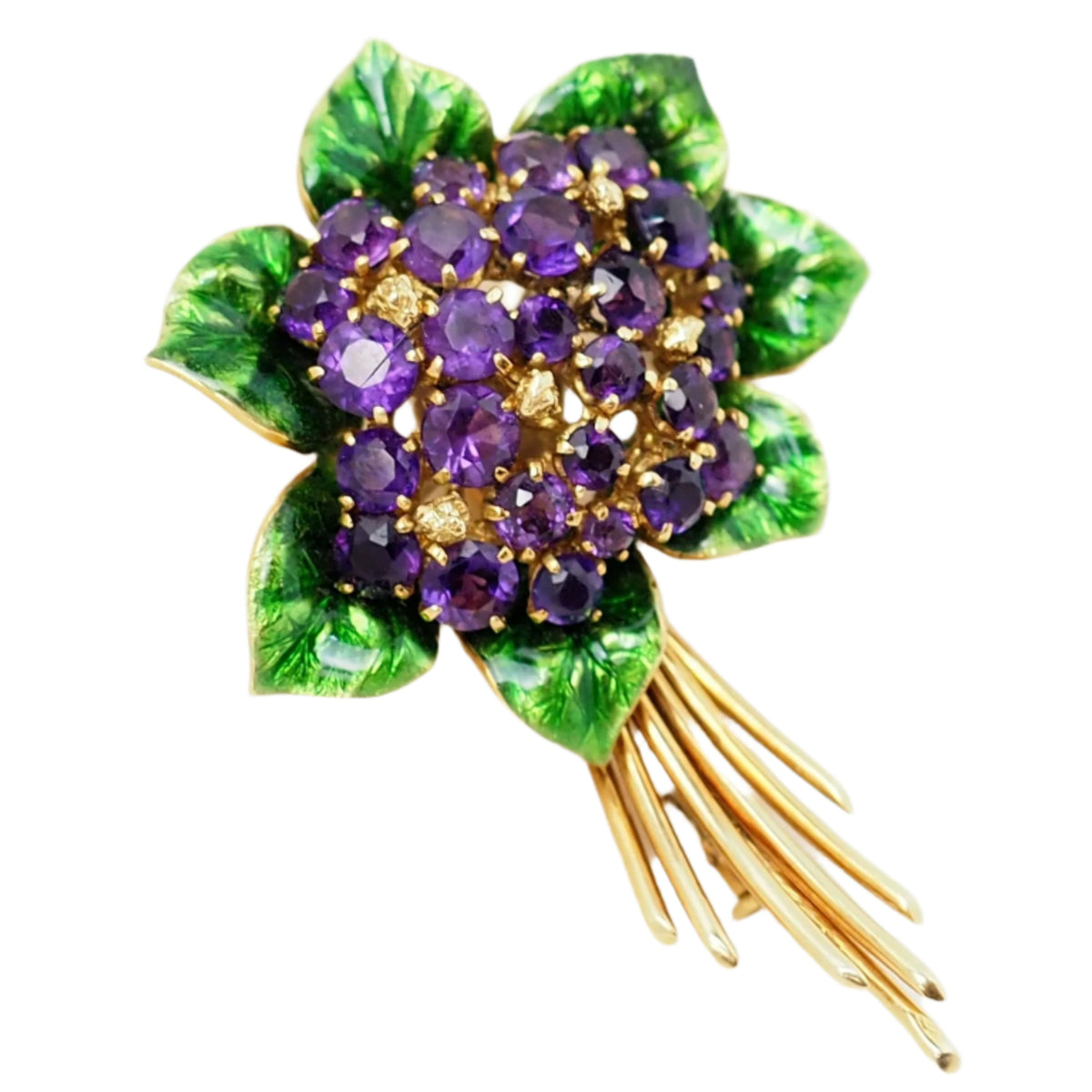 Yellow Gold Brooch with Amethysts and Enamel