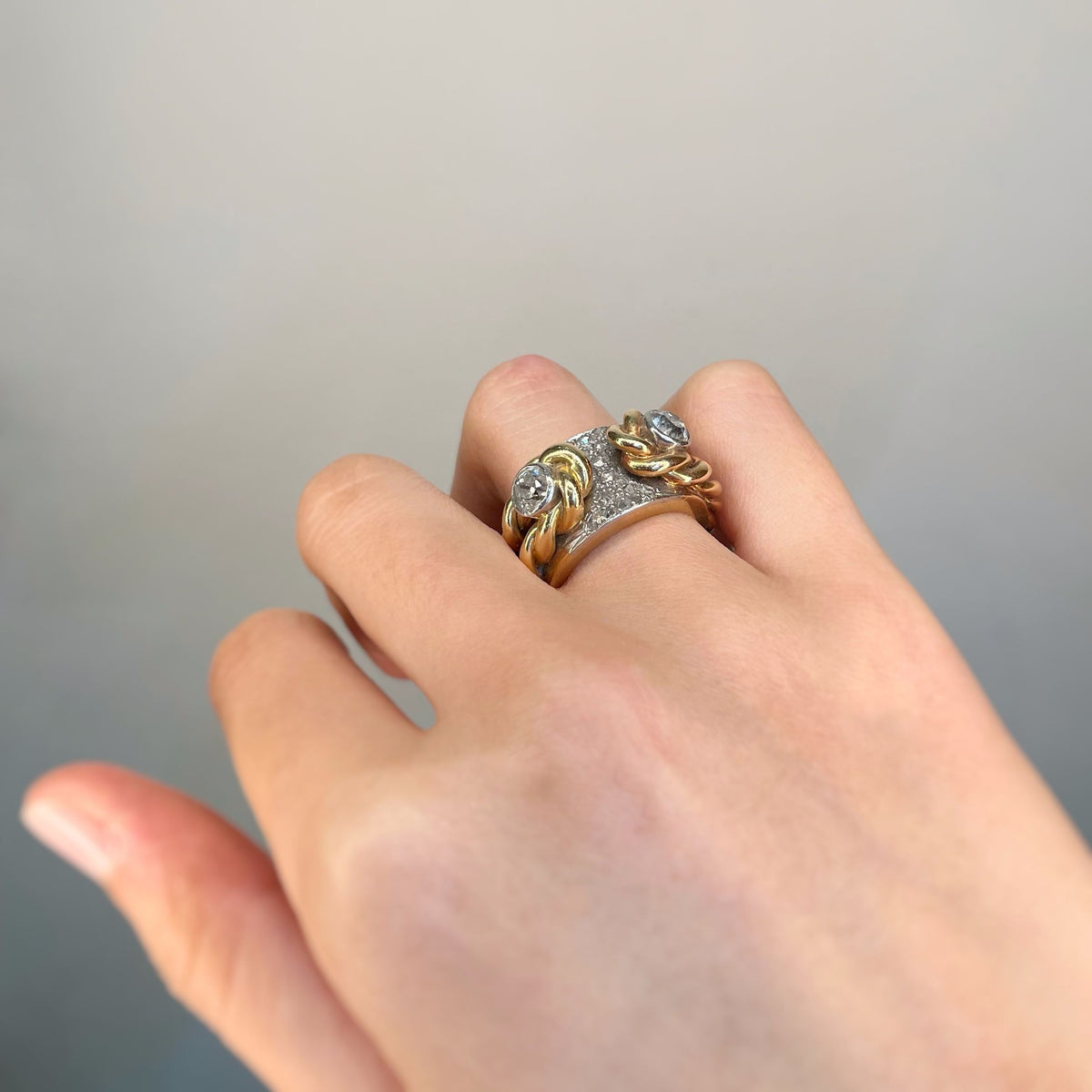 Yellow gold, platinum and diamond ring
