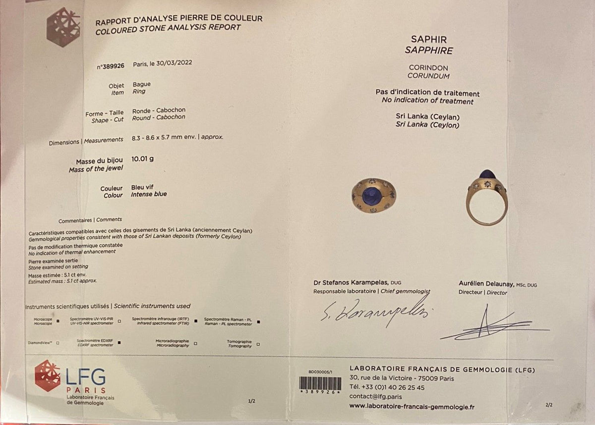 18-carat gold ring, 5.10 ct unheated Ceylon cabochon sapphire circa 1940