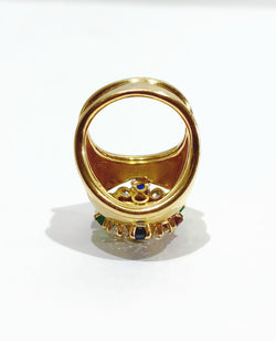 Ring Cocktail in yellow gold, rubies, sapphires, emeralds and diamonds