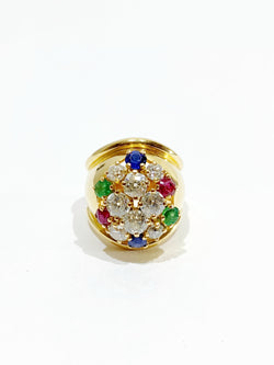 Ring Cocktail in yellow gold, rubies, sapphires, emeralds and diamonds