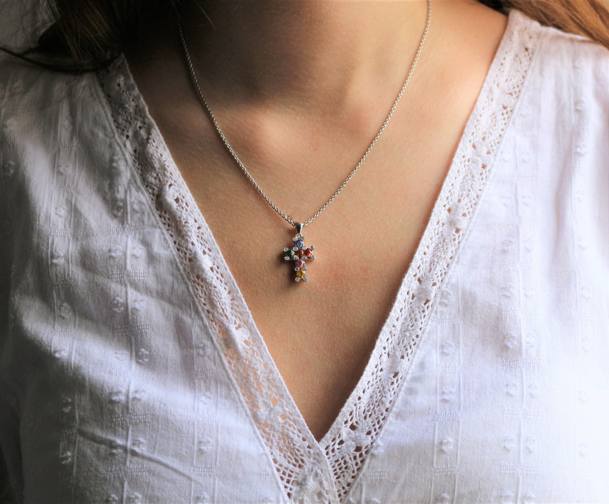 White Gold Sapphire Cross Necklace