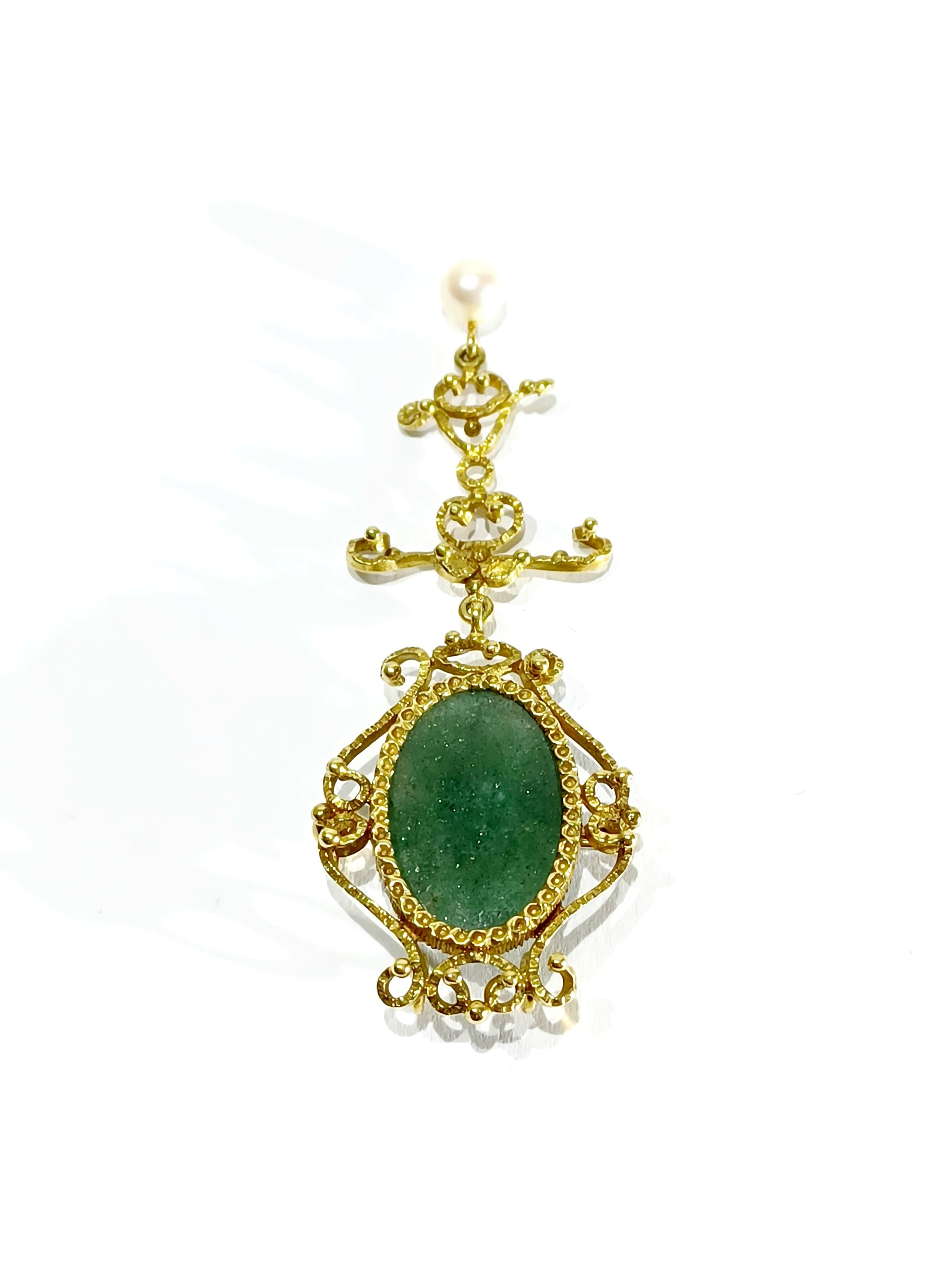 Broche Pendentif Or, Jade et Perle