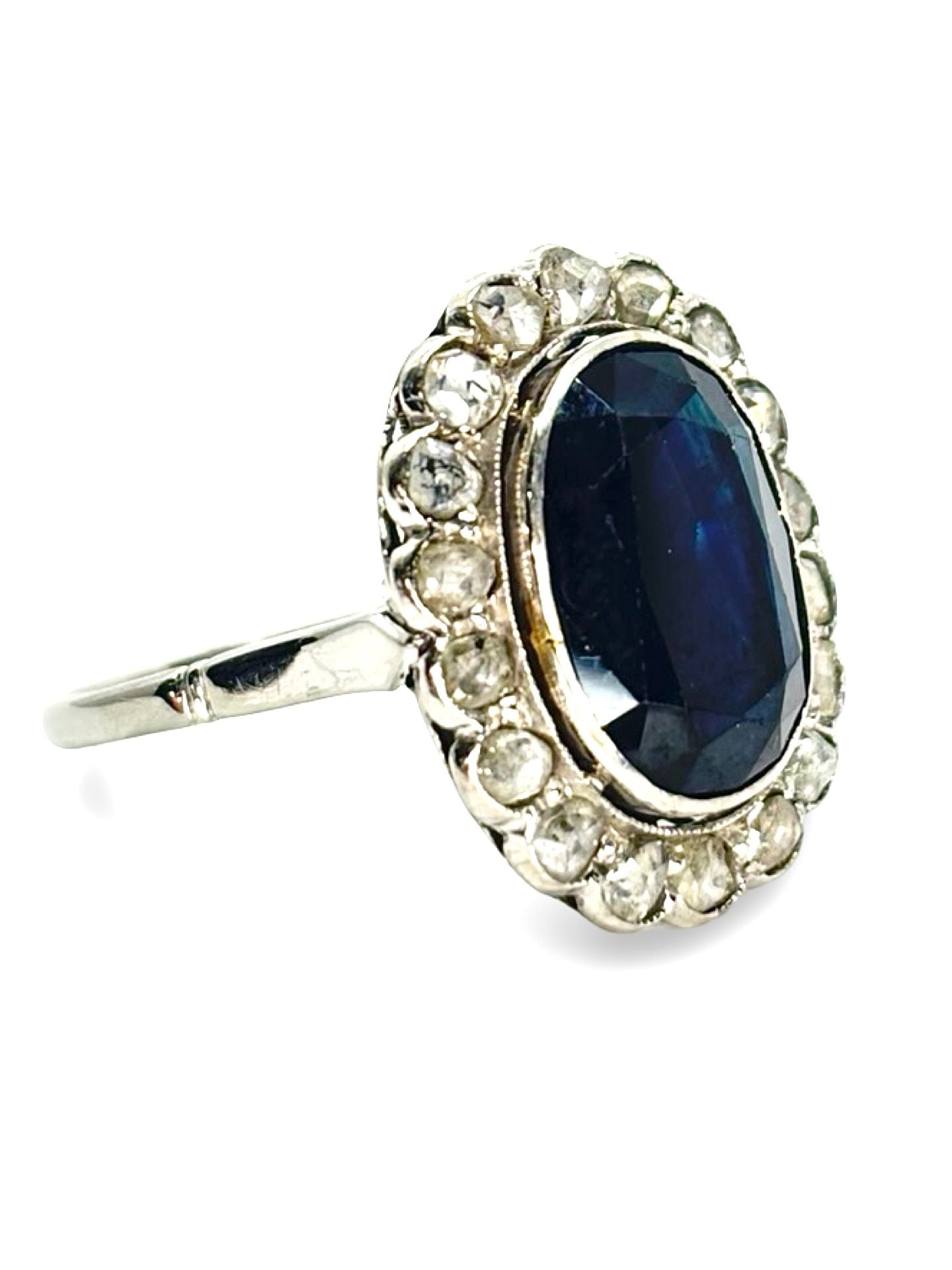 Bague ancienne or blanc saphir 5 ct et diamants 0,60 ct